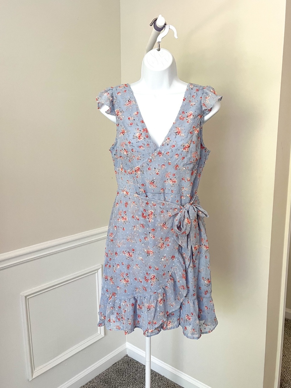 Dee Elly ANTHROPOLOGIE Blue Floral Layered Ruffle Wrap Dress Women’s Medium